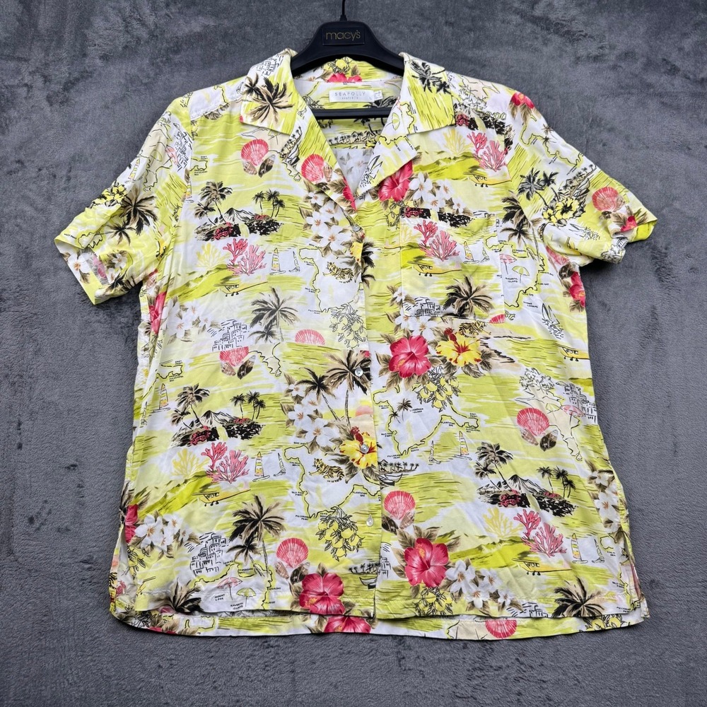 Seafolly Australia Womans Large Yellow Tropical Island Map Viscose Camp Shirt